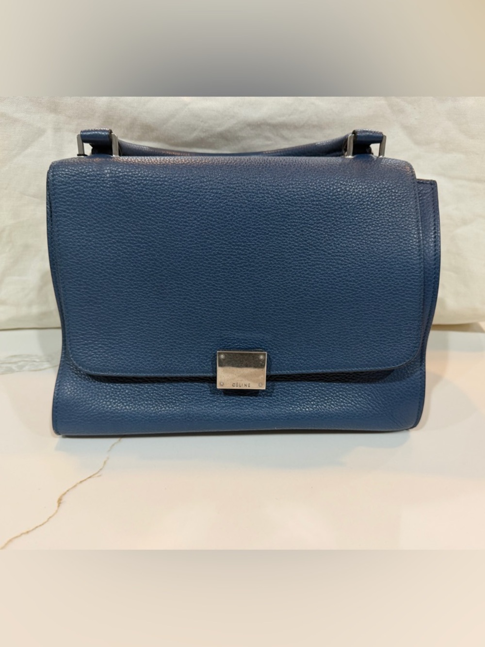 Celine Blue Pebbled Leather Satchel with Silver Hardware